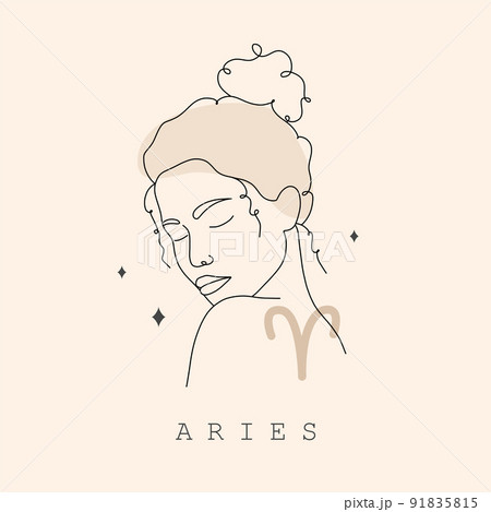 Aries zodiac sign. One line drawing. Astrological icon with abstract woman face. Mystery and esoteric outline logo. Horoscope symbol. Linear vector illustration in minimalist style 91835815