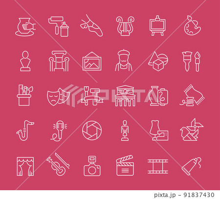 Collection of line white icons of fine art. Set of vector simple elements with bold outlines on a color background. Collection of line white icons of fine art. Set of vector simple elements with bold outlines on a color background. 91837430