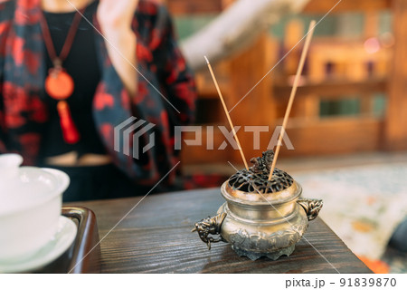 Close up of Asian Buddhist Incense Sticks Close up of Asian Buddhist Incense Sticks 91839870