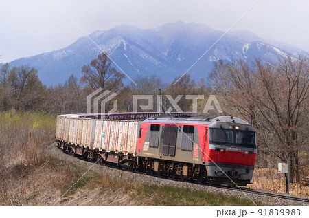 雪雲に煙る日高山脈を背に遅き春の十勝路を行く帯広行き貨物列車 91839983