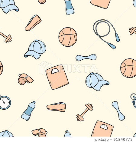 Seamless pattern sports doodle icon set concept. Design elements of a sports invert, a healthy lifestyle. Vector illustration Seamless pattern sports doodle icon set concept. Design elements of a sports invert, a healthy lifestyle. Vector illustration 91840775