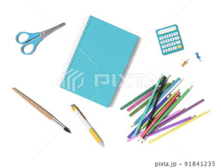 School stationery items isolated on white background. School supplies with shadows, cut out. Top view, flat lay. Pen, pencils, calculator, scissors, notebook, brush. 3D rendering. School stationery items isolated on white background. School supplies with shadows, cut out. Top view, flat lay. Pen, pencils, calculator, scissors, notebook, brush. 3D rendering. 91841235
