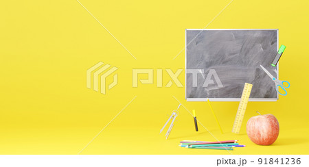 School stationery items on yellow background with free space for text. Creative, colourful background with school supplies. Banner with copy space. Ruler, pencil, scissors, apple. 3D rendering. School stationery items on yellow background with free space for text. Creative, colourful background with school supplies. Banner with copy space. Ruler, pencil, scissors, apple. 3D rendering. 91841236