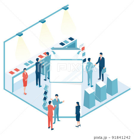 展示会に出展している人気なブースのアイソメイラスト 91841242