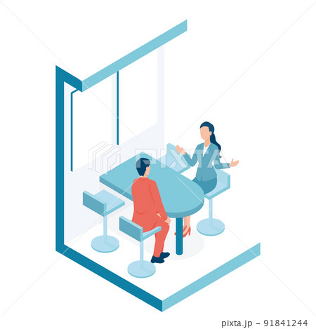 展示会にあるブースで商談をするアイソメイラスト 91841244
