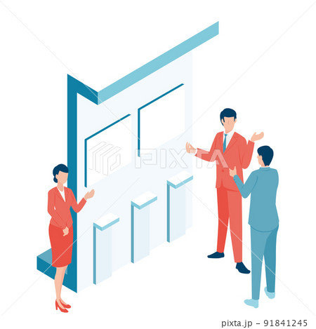 展示会にあるブースで商談をするアイソメイラスト 91841245