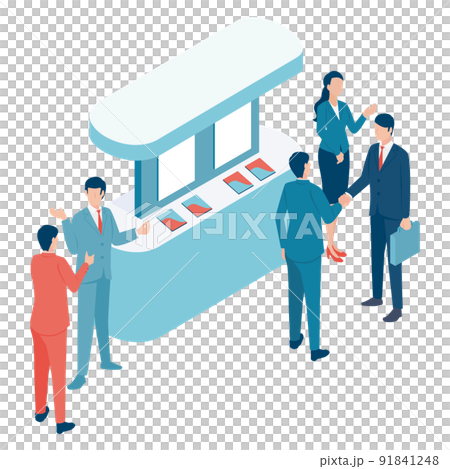 展示会の出展ブースで商談をするアイソメイラスト 91841248
