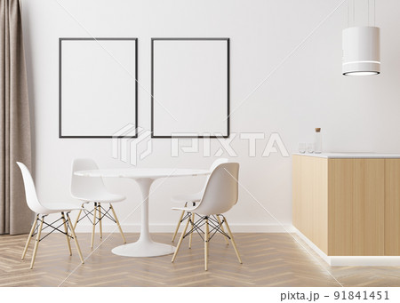 Two empty vertical picture frames on white wall in modern dining room. Mock up interior in contemporary, scandinavian style. Free space for picture, poster. Table, chairs. 3D rendering. Two empty vertical picture frames on white wall in modern dining room. Mock up interior in contemporary, scandinavian style. Free space for picture, poster. Table, chairs. 3D rendering. 91841451