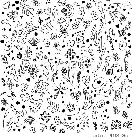 Set of vector illustrations of abstract nature organic geometric shapes, spots. Floral elements, heart art leaf plants and doodle stripe, cartoon design collection isolated on white. Set of vector illustrations of abstract nature organic geometric shapes, spots. Floral elements, heart art leaf plants and doodle stripe, cartoon design collection isolated on white. 91842067
