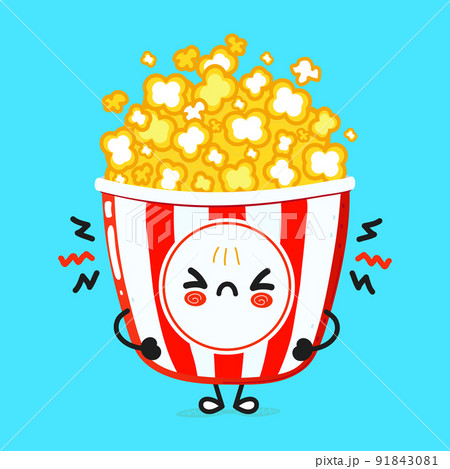 Cute angry popcorn character. Vector hand drawn cartoon kawaii character illustration icon. Isolated on blue background. Sad popcorn character concept Cute angry popcorn character. Vector hand drawn cartoon kawaii character illustration icon. Isolated on blue background. Sad popcorn character concept 91843081