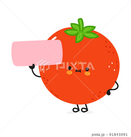 Cute funny tomato character with poster. Vector hand drawn cartoon kawaii character illustration icon. Isolated on white background. Tomato character concept 91843091
