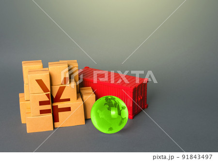 Boxes of goods and chinese yuan or japanese yen symbol. Production, warehousing storage and shipping logistics worldwide. World trade economy. Manufacture products. Markets. Business globalization 91843497