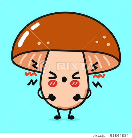 Cute angry mushroom character. Vector hand drawn cartoon kawaii character illustration icon. Isolated on blue background. Sad mushroom character concept 91844854