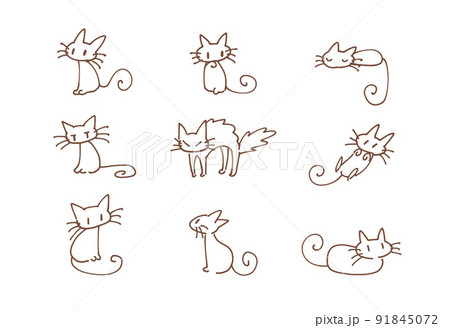 ペン画 シンプルな猫のイラストセット 動物 手描き 落書きの
