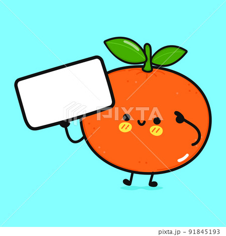 Cute funny mandarin with poster. Vector hand drawn cartoon kawaii character illustration icon. Isolated on blue background. Mandarin think concept 91845193