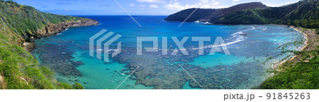 ハワイ　オアフ島　ハナウマ湾の青い海と珊瑚礁　パノラマ 91845263