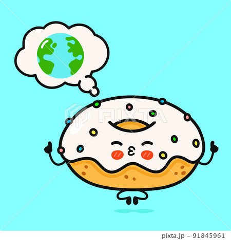 Cute funny Donut doing yoga with speech bubble. Vector hand drawn cartoon kawaii character illustration icon. Isolated on blue background. Donut character concept 91845961