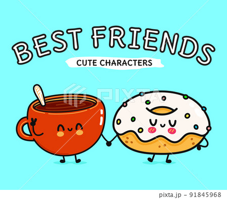 Cute, funny happy cup of coffee and donut character. Vector hand drawn cartoon kawaii characters, illustration icon. Funny cartoon cup of coffee and pink donut friends concept 91845968