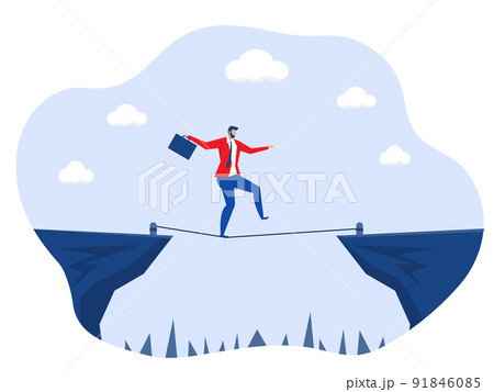 Businessman crossing over mountain on tiny rope ,Overcoming High Risk Barriers Vector background illustration. 91846085