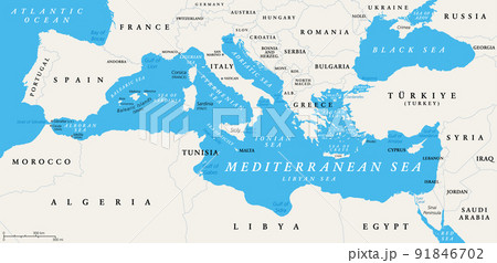 The Mediterranean Sea subdivisions, political map with straits, countries and the Black Sea. Connected to the Atlantic Ocean, surrounded by the Mediterranean Basin, almost completely enclosed by land. 91846702