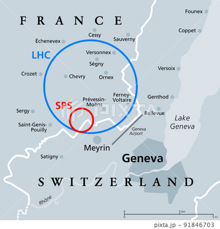 Large Hadron Collider (LHC) and Super Proton Synchrotron (SPS), gray political map. Position of the largest and highest-energy particle collider near Geneva beneath the France and Switzerland border. 91846703