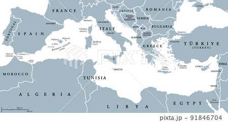 The Mediterranean Sea, gray political map with international borders, countries and islands. Connected to the Atlantic Ocean, surrounded by the Mediterranean Basin, almost completely enclosed by land. 91846704