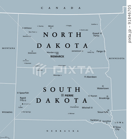 The Dakotas, gray political map. Collective term for the US states of North Dakota and South Dakota, in the Upper Midwest and North Central. Used to describe Dakota Territory and collective heritage. 91846705