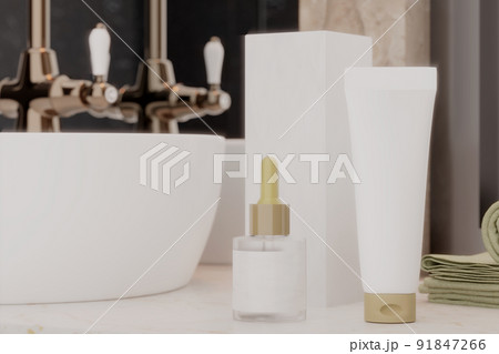 3d render. Mockup bottle cream and box on bathroom. Face skin care cosmetics. 91847266
