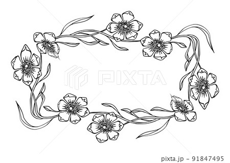 floral rectangular frame, hand drawn doodle vector for invitations, posters, postcards in art nouveau style. 91847495