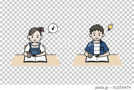 勉強をする子供　男の子　女の子　授業　宿題　学習　楽しい　理解　イラスト 91850474