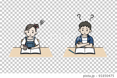 問題が難しい　わからない　苦手　子供　男の子　女の子　勉強　授業　宿題　イラスト 91850475