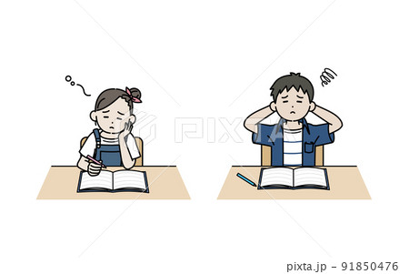 勉強が苦手な子供　男の子　女の子　授業　宿題　つまらない　イラスト 91850476