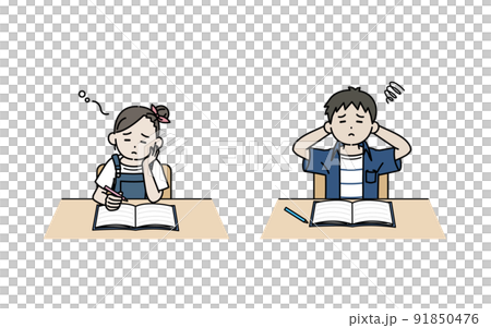 勉強が苦手な子供　男の子　女の子　授業　宿題　つまらない　イラスト 91850476