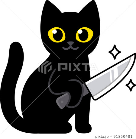 Funny cute black cat holding knife 91850481