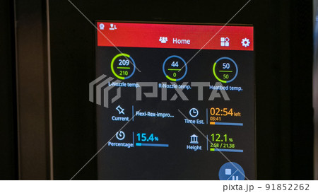 Close-up working digital 3d printer display with parameters. Close-up working digital 3d printer display with parameters. 91852262
