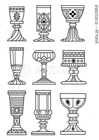 Vector set of nine contour drawings of ornamented fantasy goblets with inlay and decorations. Medieval style chalices. Graphic illustration for logo, card, poster, banner. 91852668