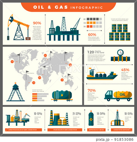 Petroleum production infographic. Technical icons for business placard information of oil industrial energy piping from petroleum recent vector templates with place for text 91853086