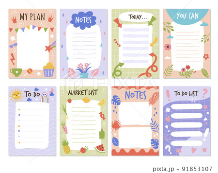 Planner list. To do organized checklist template with place for text educational month stickers schedule elements recent vector collection set 91853107