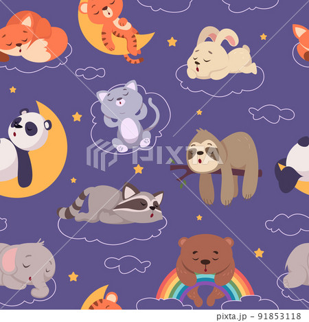 Sleeping animals pattern. Wild funny night animals in relaxes poses exact vector seamless cartoon background asleep characters 91853118