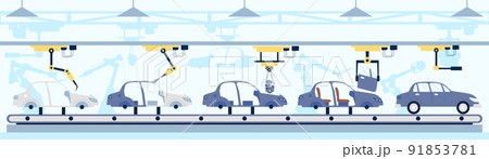 Car conveyor. Manufacturing auto with motor, car smart robotics production line. Industrial manufacture, automobile assembly process recent vector scene Car conveyor. Manufacturing auto with motor, car smart robotics production line. Industrial manufacture, automobile assembly process recent vector scene 91853781