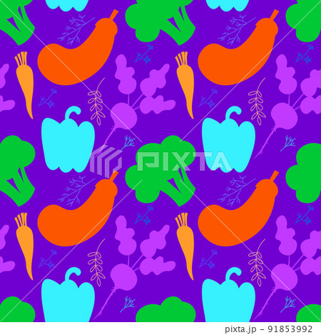 Vegetable seamless pattern. Summer garden ornament. Bright veggies on white background. Cute vegan healthy food texture. Flat silhouette. EPS Vegetable seamless pattern. Summer garden ornament. Bright veggies on white background. Cute vegan healthy food texture. Flat silhouette. EPS 91853992