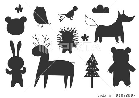 Forest animals silhouettes, isolated on white background vector illustration. Woodland forest animals collection including deer, bear, owl EPS 91853997