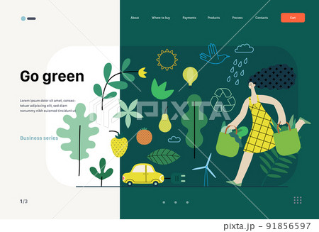 Ecology - Sustainable thinking -Modern flat vector concept illustration, woman with eco bags, electric car, sustainable transport, solar and wind energy, plants. Creative landing web page template Ecology - Sustainable thinking -Modern flat vector concept illustration, woman with eco bags, electric car, sustainable transport, solar and wind energy, plants. Creative landing web page template 91856597