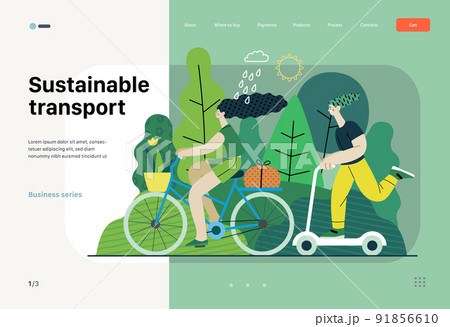Ecology - Sustainable transport -Modern flat vector concept illustration of a young woman ridyng bycycle and a man on the scooter. Ecological transport metaphor. Creative landing web page template 91856610