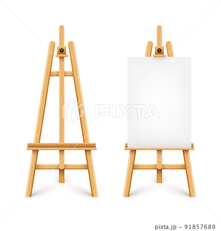 Realistic paint desk with blank white canvas. Wooden easel and a