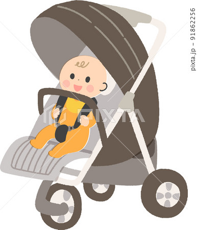 ベビーカーに乗っている笑顔のかわいい赤ちゃんのイラスト素材