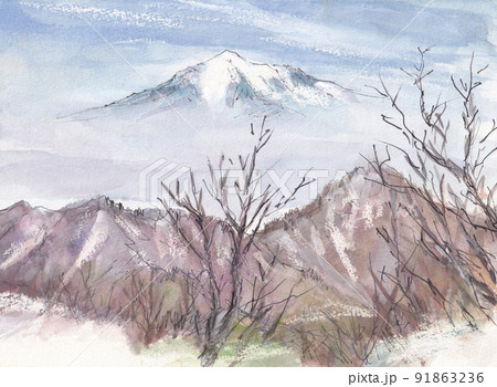 赤城山から望む浅間山 初春の風景【3月】のイラスト素材 [91863236] - PIXTA