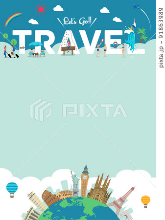 "Let's go Travel" 旅行・レジャー モチーフ 縦長ポスターテンプレートイラスト  91863989