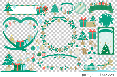 クリスマスのデザインフレームとイラストのセット_緑_文字なし 91864224