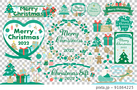 クリスマスのデザインフレームとイラストのセット_緑 91864225